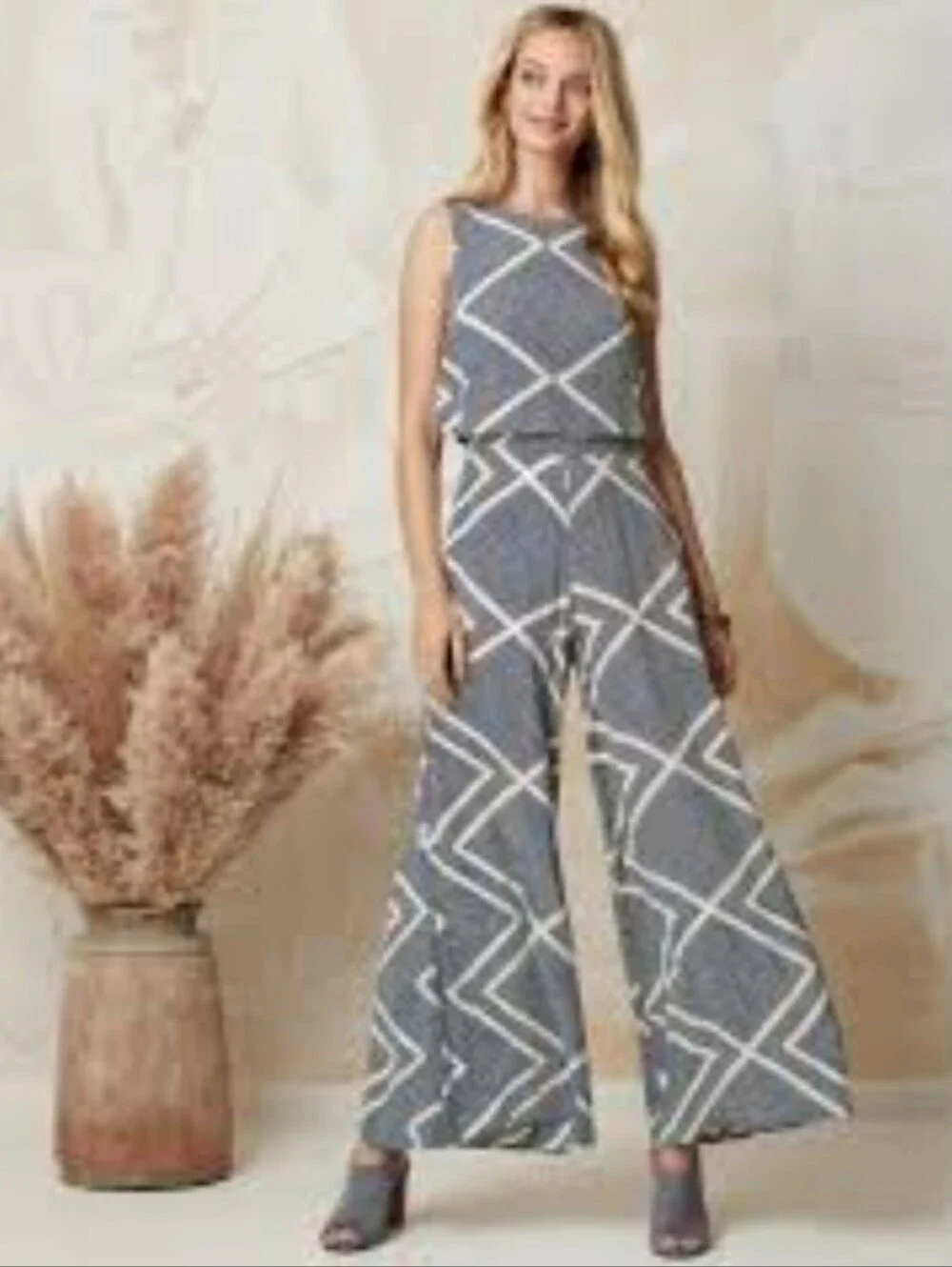 Mister Zimi blue and white geometric pattern pop-over wide-leg jumpsuit